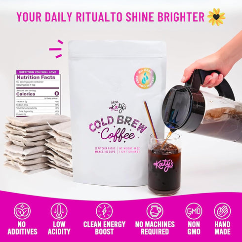 100 20 Packs Katys Cold Brew Coffee Bags (Makes Cups) Smooth, Low-Acid, No Bitter Aftertaste Medium-Dark Brazil Roast