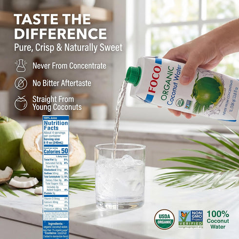 FOCO 33.8 Oz, Pack 6, Coconut Water Fl of Certified Organic, NON-GMO, Never from Concentrate, No Sugar