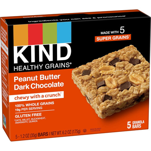 KIND Healthy Grains Bars, Peanut Butter Dark Chocolate, Non-GMO, Gluten Free, 1.2 oz, 5 Count