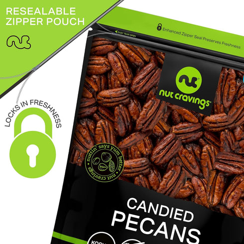 (16oz 1 LB) Packed NUT CRAVINGS - Candied Pecans Honey Glazed Praline, No Shell - Fresh in Resealable Bag - Healthy