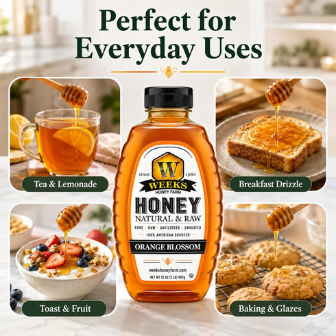32 oz Pure Raw Unfiltered Orange Blossom Honey, - Premium American Sourced by Weeks Honey Farm | Light Citrus Floral