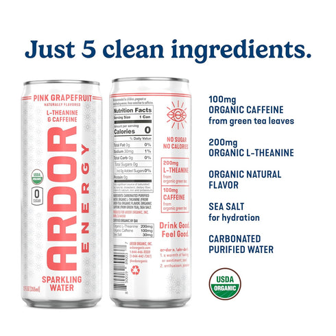 100mg 200mg (Pack 12, 12oz ARDOR ENERGY Sparkling Water with Natural Caffeine & L-Theanine from Organic Green Tea