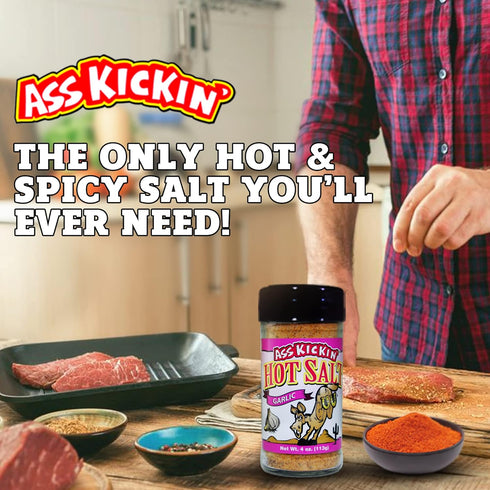 ASS KICKIN' Hot & Spicy Garlic Salt, 4oz Shaker Jar - Perfect for Popcorn, Margarita & French Fry Seasoning