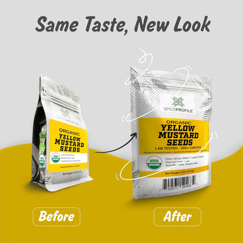 4oz Spice Profile USDA Organic Yellow Mustard Seeds, Lab Tested for Heavy Metals, Resealable Pouch, Sarson, Semillas de