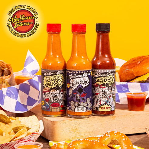 Set, 5 Oz Torchbearer Sauces Hot Sauce Bundle Each: Zombie Apocalypse, Garlic Reaper, & Son of Zombie