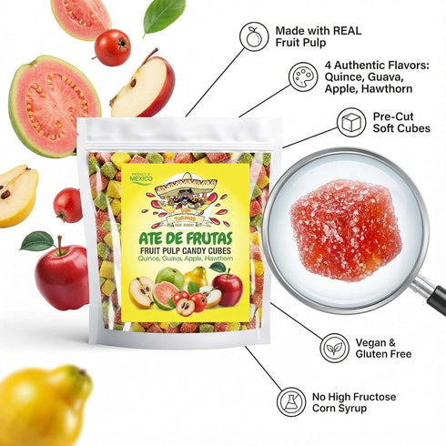 Mexican Candy Fruit Cubes - Ate de Frutas with Guava, Quince, Apple, Hawthorn, Authentic Fruit Pulp Candy, Gluten-Free