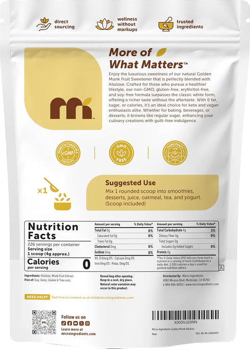2 lbs 1:1 Micro Ingredients Golden Monk Fruit Sweetener with Allulose, | Brown Sugar Substitute, No Erythritol, No