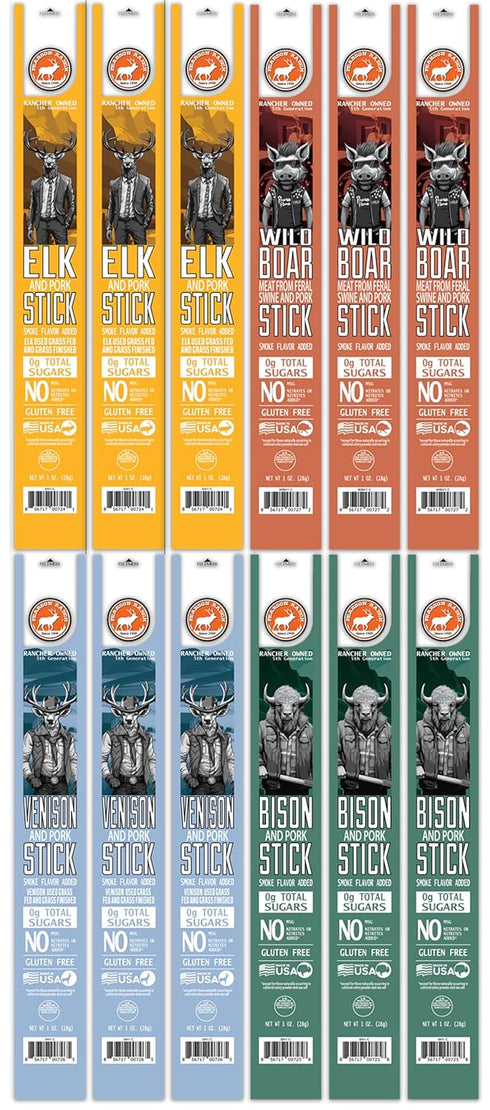 PEARSON RANCH SINCE 1959 Meat Sticks Variety - Elk, Buffalo, Venison, Wild Boar, Pack of 12, 1oz Sticks