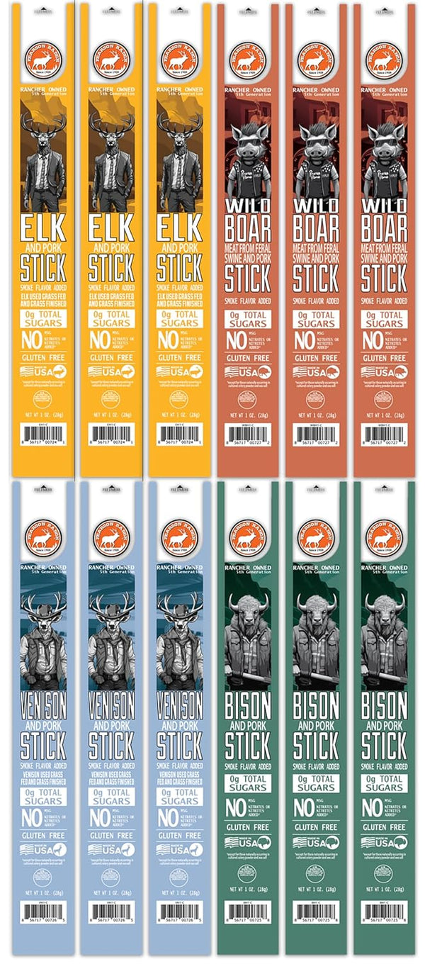 PEARSON RANCH SINCE 1959 Meat Sticks Variety - Elk, Buffalo, Venison, Wild Boar, Pack of 12, 1oz Sticks