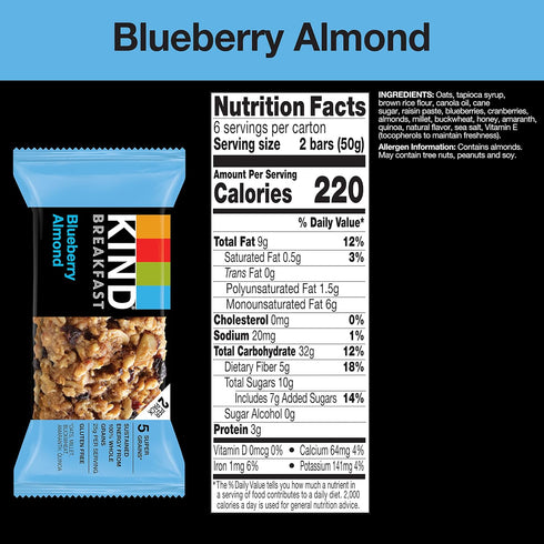 100% 3g 30 Count KIND Breakfast Bars, Blueberry Almond, Healthy Snacks, Gluten Free, Whole Grains, Protein
