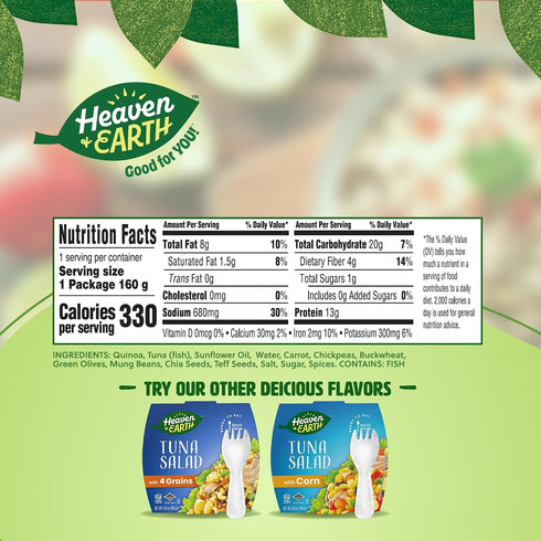 5.64oz (4 Pack) Heaven & Earth Ready to Eat Tuna Salad with Quinoa, | Great Source of Nutrients | Travel Friendly Meals