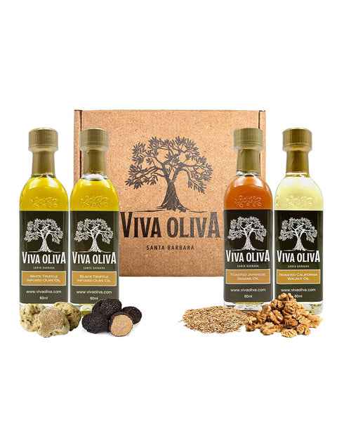 Viva Oliva Set 60ml (2oz) 100% Gourmet Oil Variety Sampler - Gift with four bottles - White Truffle, Black Truffle