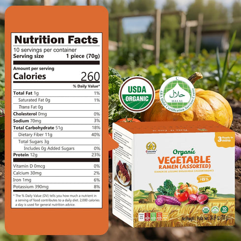 SUNGIVEN 3 2.47 OZ (Pack 10) Organic Ramen Noodles Mixed Vegetable Healthy Low Sodium Ready in Minutes Non-Fried