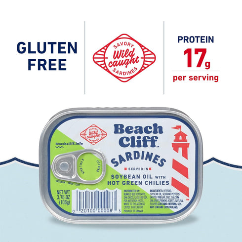 3.75 oz (Pack 12) 12g Beach Cliff Wild Caught Sardines in Soybean Oil with Hot Green Chilies, Can of - Protein per