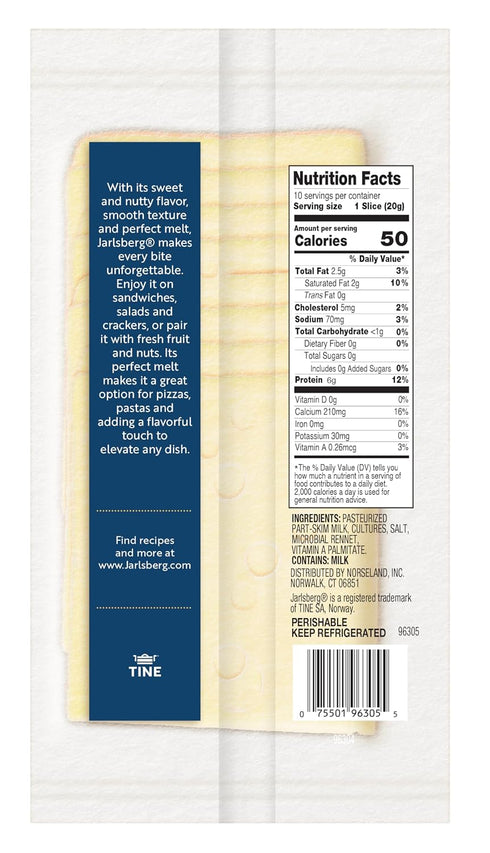 7 oz (Pack 4) Jarlsberg Cheese Protein Lite Slices, in Resealable Bag Reduced Fat, Semi-Soft, Sweet & Nutty