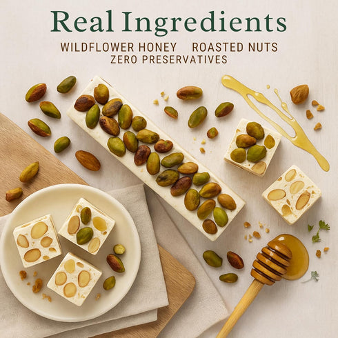 (7 Oz) ANDY ANAND CHOCOLATIER Gluten Free Roasted Pistachios Soft Nougat Brittle - Made in Europe Luxuriously Creamy