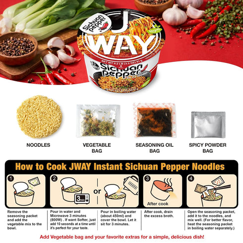 Pack, 3.20 oz (Pack 12) JWAY Sichuan Pepper Stir Fry Noodles, Deep-fried Instant Ramen with Chili Oil, Spicy Dry Tossed