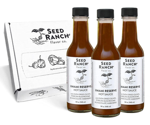 3 Pack Seed Ranch Umami Reserve Hot Sauce, - Spicy Heat Flavor - Oven Dried Olives, Porcini Mushrooms & Chocolate
