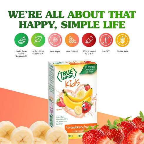 (10 Packets) TRUE LEMON KIDS Strawberry Banana Hydration for Kids No Artificial Sweeteners Low Sugar Water Flavoring