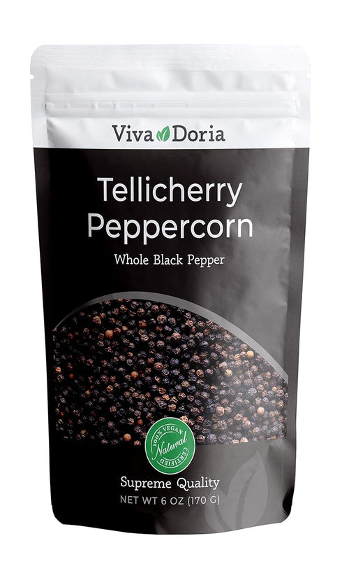 Viva Doria Tellicherry Peppercorn, Whole Black Pepper, Steam Sterilized, 6 Oz for Grinder Refill