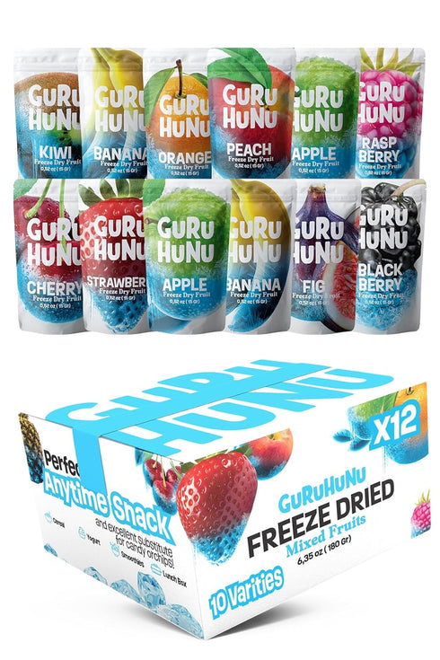 GURU HUNU Freeze Dried Fruit Mix, 12 Individual Packs 10 Variety Mediterranean