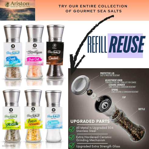 6.7 oz (190 Ariston The Very Best Refillable Gourmet Greek Sea Salt Grinder g) Product of Greece Sea Salt with Lemon