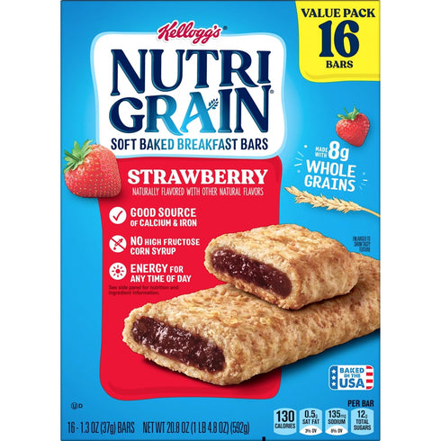 Nutri-Grain Soft Baked Breakfast Bars, Whole Grains, Kids Snacks, Value Pack, Strawberry, 20.8oz (16 Bars)