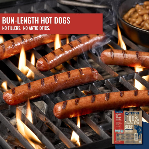Teton Waters Ranch 100% 8oz Bun Length Uncured Beef Hot Dogs, Grass-Fed Beef, Fully Cooked, No Antibiotics or Hormones