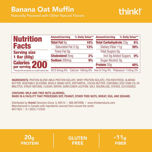 10 Count think! Protein Bars, High Protein Snacks, Gluten Free, High Fiber, Banana Oat Muffin