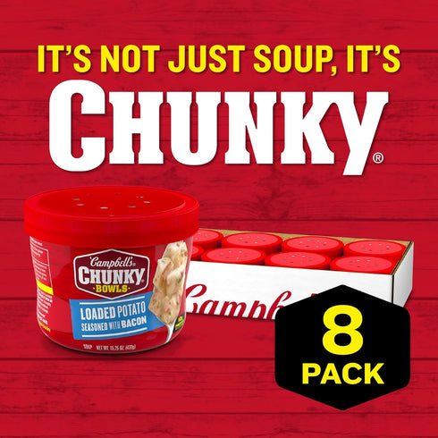 15.25 oz 8) Campbell's Chunky Soup, Loaded Potato Seasoned with Bacon, Microwavable Bowl (Case