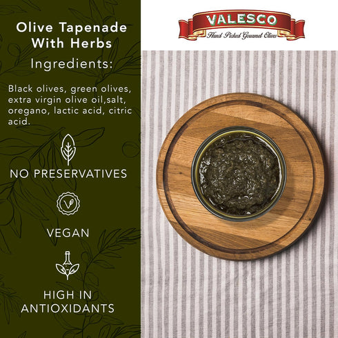(6.7 oz) VALESCO Olive Tapenade with Fresh Herbs - Artisan Gourmet Dip and Spread for Charcuterie Boards, Bruschetta