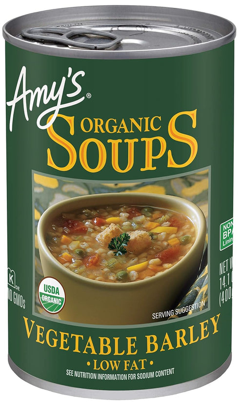 Amys Soup, Vegan Vegetable Barley Soup, Low Fat, Made With Organic Tomatoes,