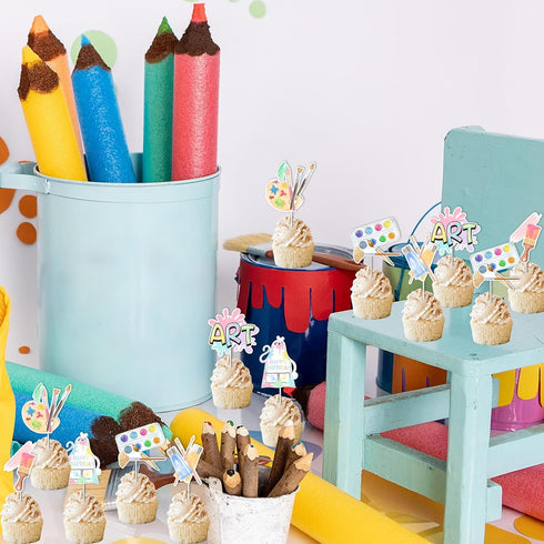 Art Birthday Party Decorations Girl - 24pcs Art Paint Party Cupcake Toppers for Rainbow Art Birthday Supplies