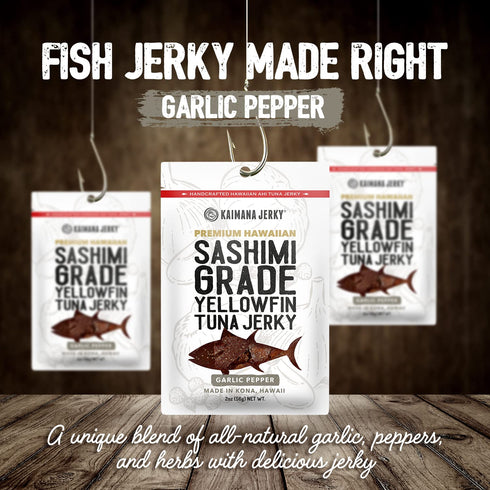 3's, 2 (Pack 3) Kaimana Ahi Tuna Jerky Garlic Pepper - Soft and Tasty - Premium Fish Jerky Made in the USA. High