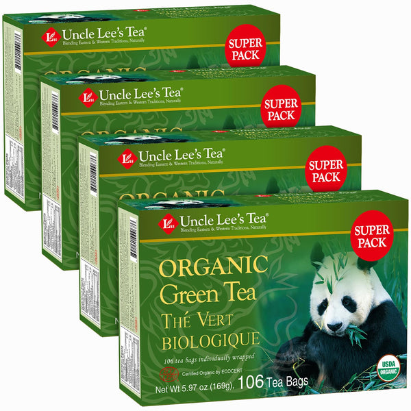 Uncle Lee's Organic Green Tea Bags 4-Pack, 106-Count Super Packs Bright &