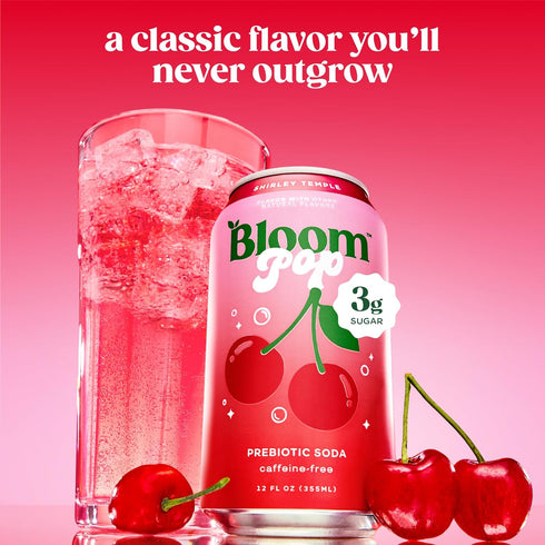 12 Pack, 12oz Bloom Pop Prebiotic Soda Shirley Temple Flavor, Cans | Prebiotic Soda for Gut Health, Low Calorie Soda