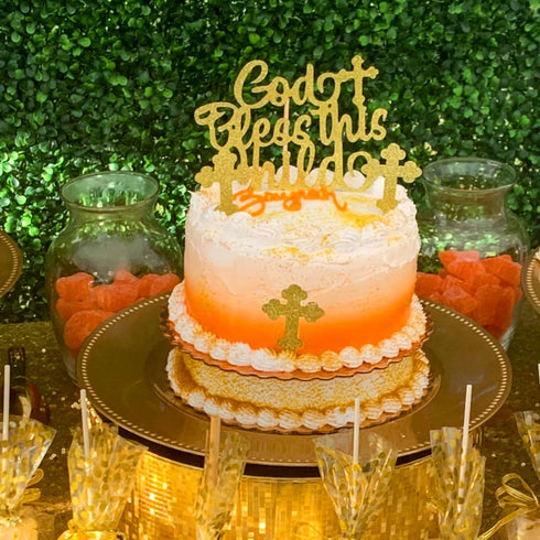 JeVenis 25 PCS Glittery Gold Bless this Child Cross & Cake Toppers for Baptism Decorations