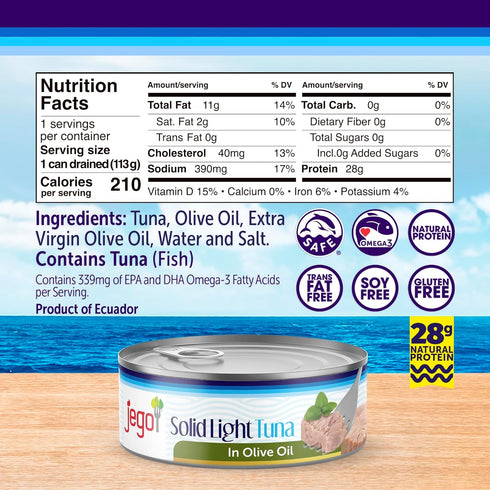 Pack 3 5oz Jego Solid Light Tuna in Olive Oil | Keto | Low Carb | Gluten Free | Soy Free | Canned | Ready to eat | of |