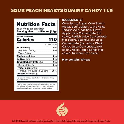 Gummy 1-Pound Gummies Peach Hearts Candy | Bag | Sweet and Sour Dye Free Candy Hearts | Soft Peach for Gifting