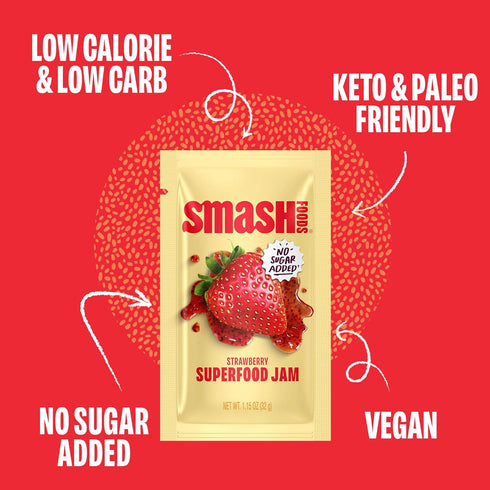 Packets 10 Smash Foods Strawberry Jam Squeeze | Single Serve | Natural, Keto & No Sugar Added | Vegan & Upcycled Fruit