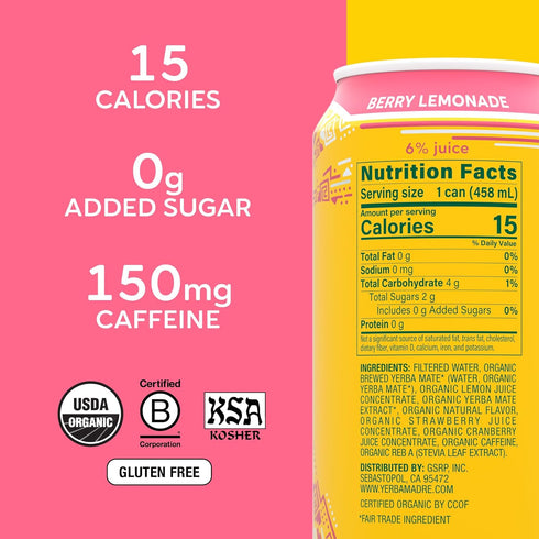 150mg 15.5 Oz (Pack 12) Yerba Madre Organic Yerba Mate, Low Sugar Berry Lemonade, Natural Caffeine, Energy Drink