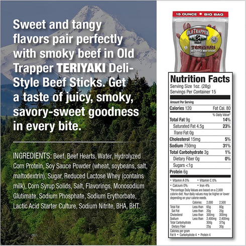 15-Ounce Package, (Pack (Pack 2) Old Trapper Deli-Style Beef Sticks, Teriyaki Flavor, Great for On-the-Go Snacking, Six