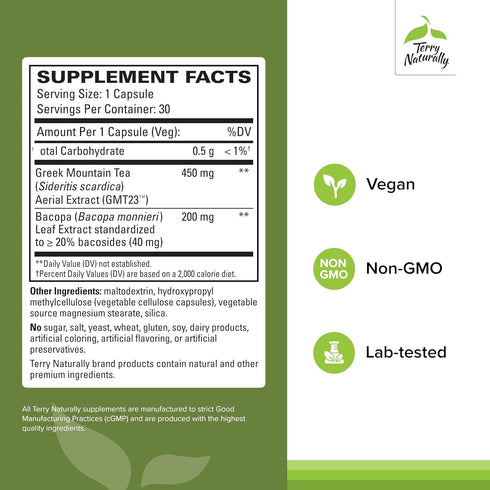 GMT23 30 Terry Naturally Greek Mountain Tea Plus Bacopa - Dietary Supplement for Focus Support - Brain Health