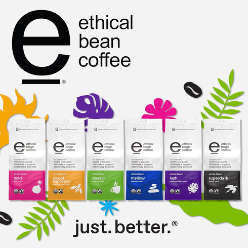12 oz Ethical Bean Lush Medium Dark Roast Fairtrade Organic Whole Bean Coffee, Bag