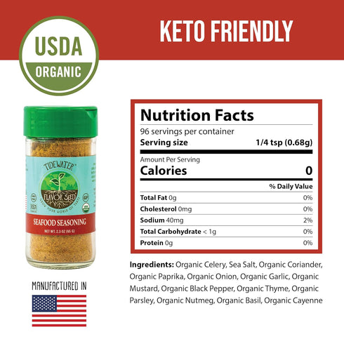 2.3oz Organic Seafood Seasoning - Tidewater by Flavor Seed, All Purpose Fish Seasoning for Shrimp, Crab Meat, Lobster