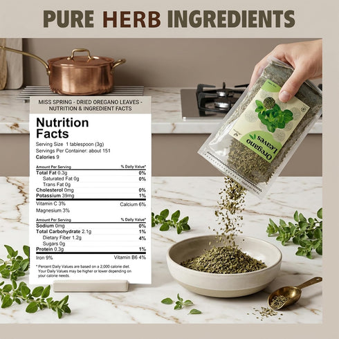 12 Oz (340g) Miss Spring Dried Oregano Leaves - Non-GMO, No Additives - Finely Cut Oregano Dried Leaves Seasoning