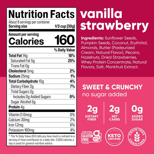 8 oz. 6 Count NuTrail Nut Granola Cereal, Vanilla Strawberry, No Sugar Added, Keto, Low Carb, Gluten Free, Grain Free