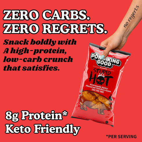 (4 Pack) Pork King Good Stupid Hot Pork Rinds - Low Carb, Keto Diet Friendly Snack - Extremely Spicy Chicharrones