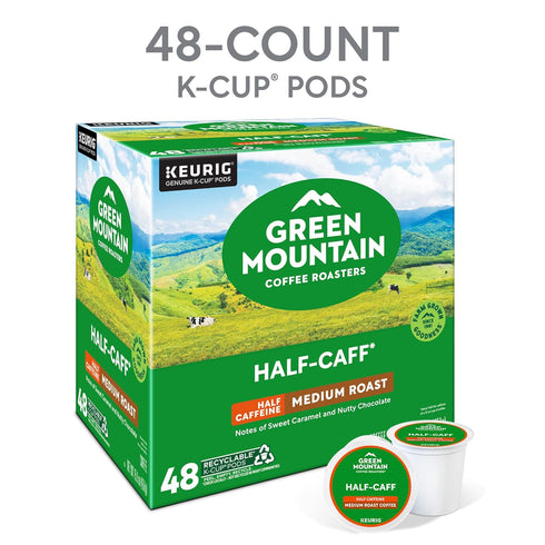 48 Count Green Mountain Coffee Roasters Half Caff, Single-Serve Keurig K-Cup Pods, Medium Roast Coffee Pods