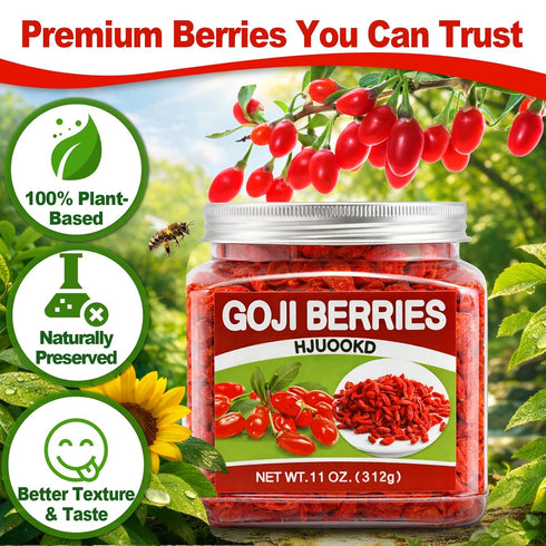 HJUOOKD 11oz 100% Dried Goji Berries - Natural Large Berries, Sun-Dried & Handpicked, Vegan Wolfberry - Perfect